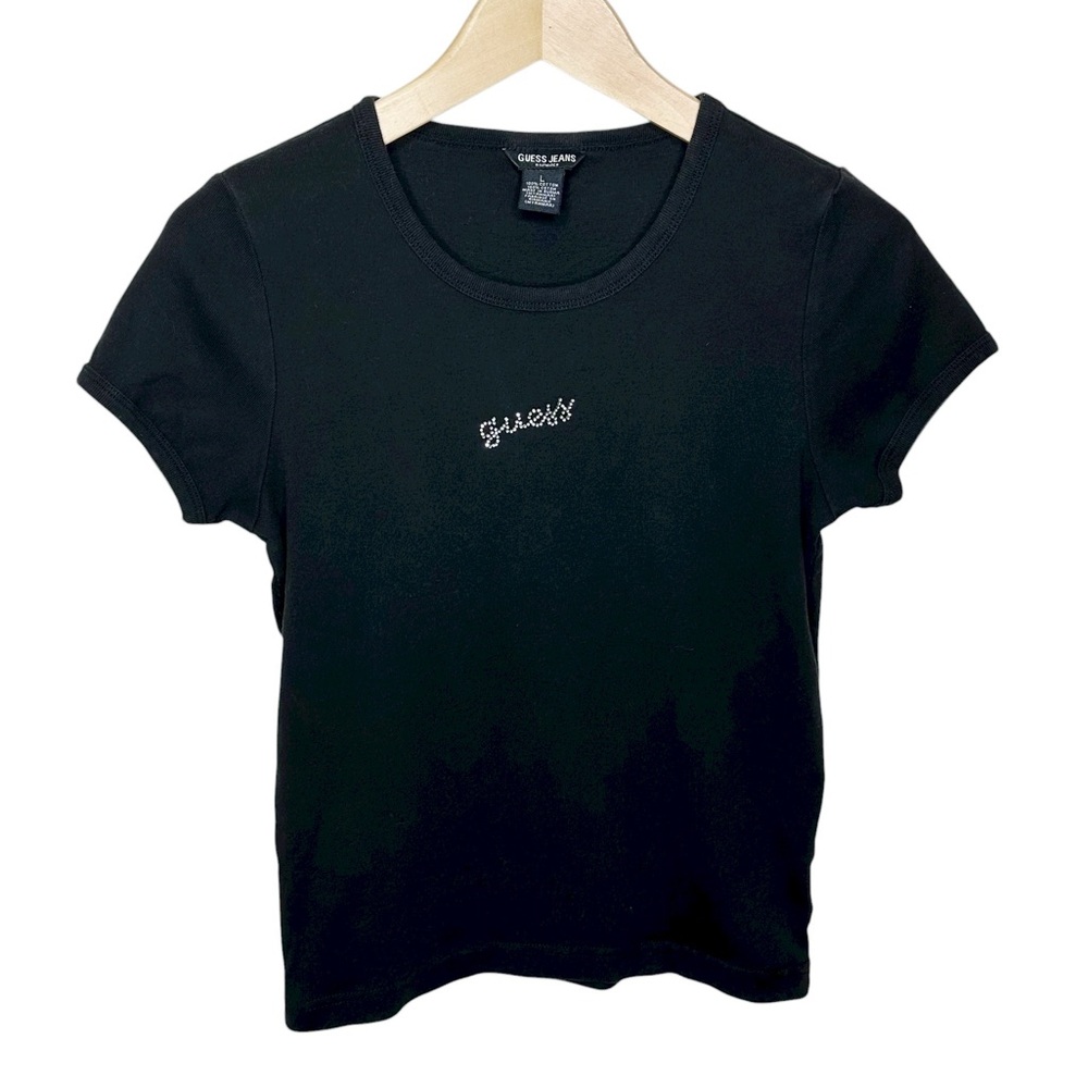 GUESS Vintage Y2K Black Rhinestone Fitted Baby Tee Size Large